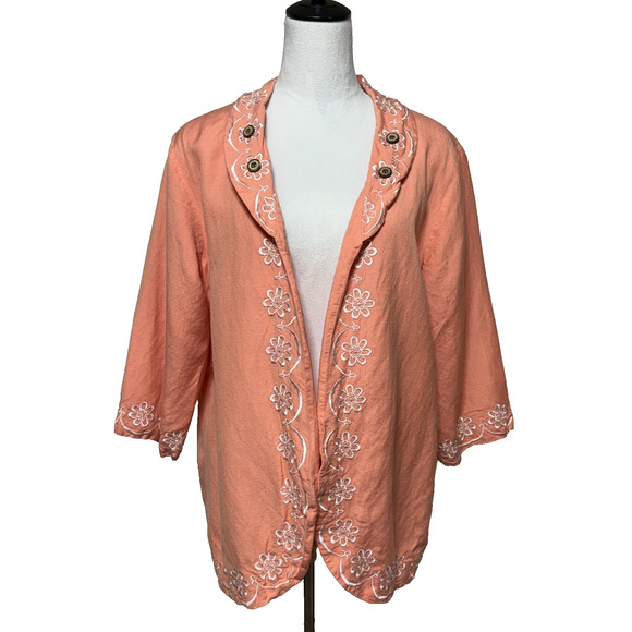Bob Mackie Blazer Large Linen Blend Pink Embroidered Wearable Art Open Jacket - Picture 1 of 10